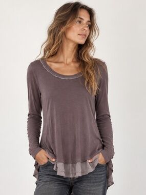 HEATHER by Bordeaux Layered High Low Tunic Top Modal Taupe Mushroom Gray S NWT
